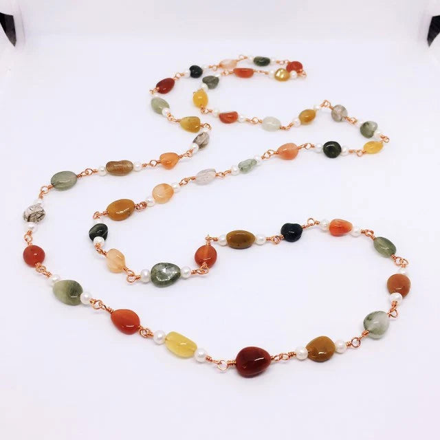 "CHANG'AN" Long Gemstone Rosary Necklace, with Rutilated Quartz &amp; Freshwater Pearl
