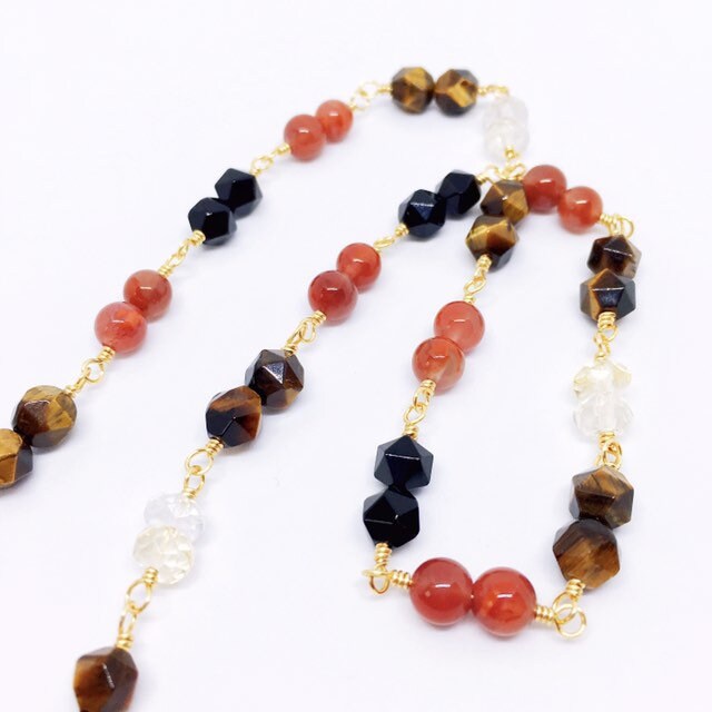 "DELPHI" Short Gemstone Rosary Necklace, with Citrine, Black Onyx, Carnelian, &amp; Tiger's Eye