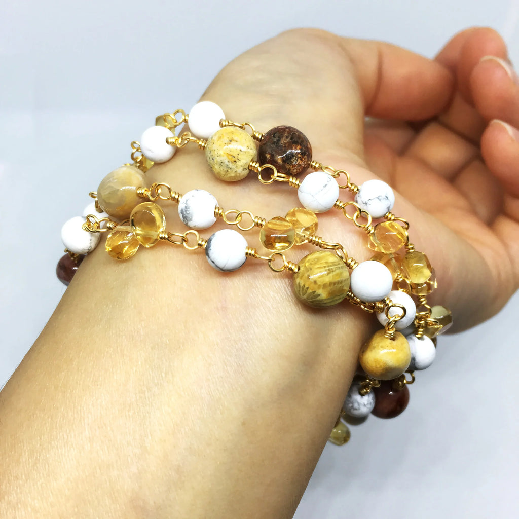 "ATHENS" Long Gemstone Rosary Necklace, with Citrine, Agatized Coral, &amp; Howlite