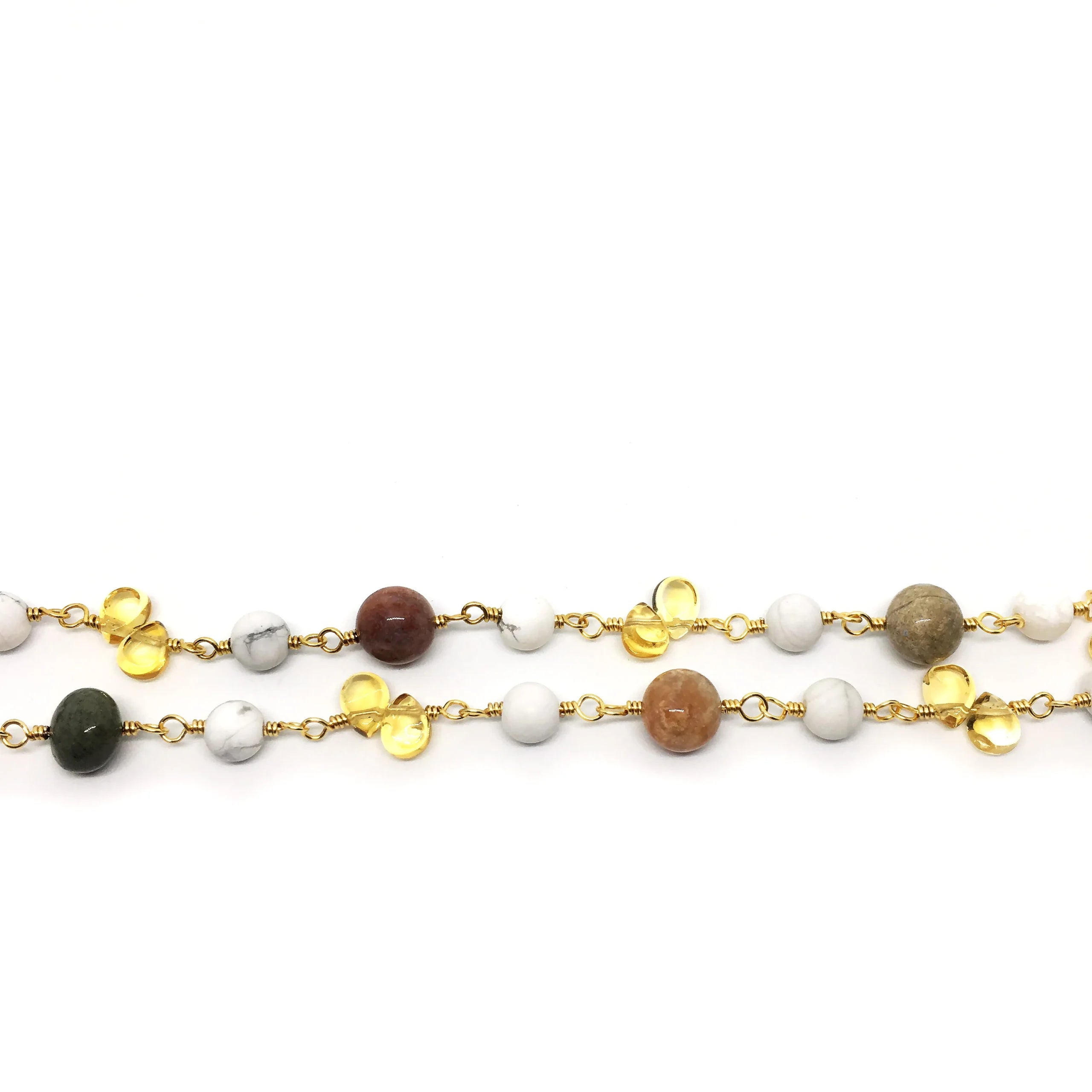 "ATHENS" Long Gemstone Rosary Necklace, with Citrine, Agatized Coral, &amp; Howlite