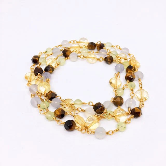 "NILES" Long Gemstone Rosary Necklace, with Citrine, Blue Chalcedony, Tigers Eye, &amp; Prehnite