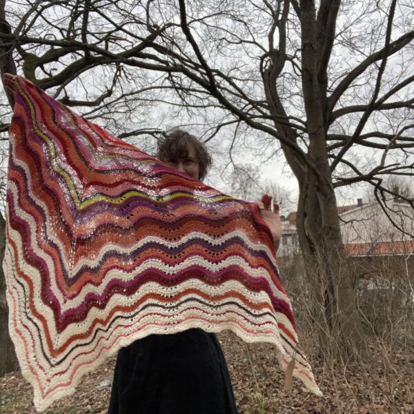 Lightweight shawl in white, fuschia, orange, and chartreuse