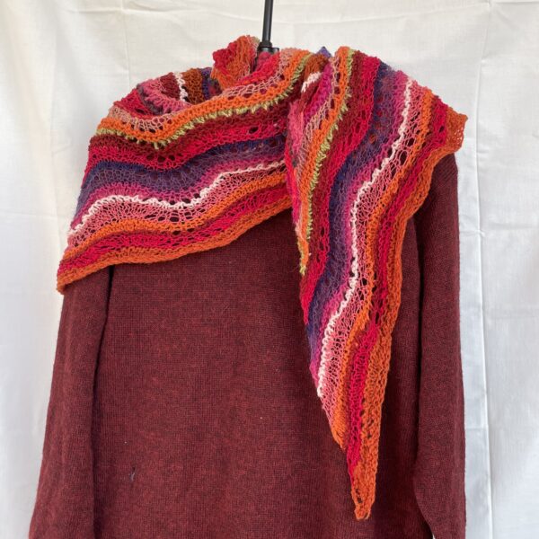Lightweight shawl in fuschia, orange, and chartreuse