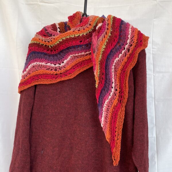 Lightweight shawl in fuschia, orange, and chartreuse