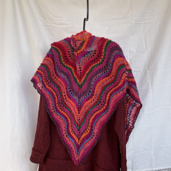 Lightweight shawl in fuschia, orange, and turquoise
