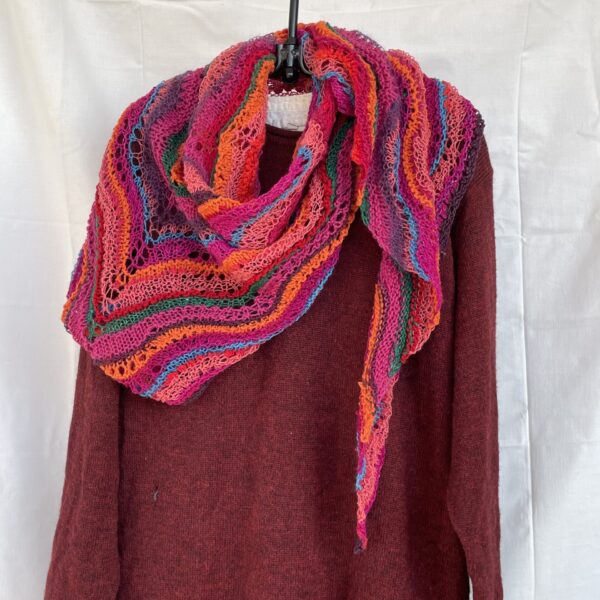 Lightweight shawl in fuschia, orange, and turquoise