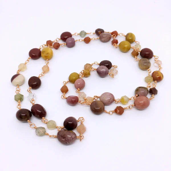 Long Gemstone Rosary Necklace "CRETE", with Mookaite & Rutilated Quartz